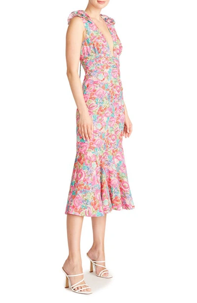 Shop Amur Sorena Floral Ruffle Shoulder Midi Dress In Calla Lily Pastel Floral