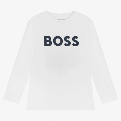 Shop Hugo Boss Boss Boys White Logo Cotton T-shirt
