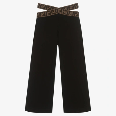 Shop Fendi Girls Black Cotton Ff Logo Trousers