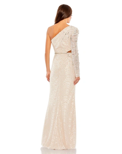 Shop Mac Duggal Embellished One Sleeve Cut Out Gown In Ivory Nude