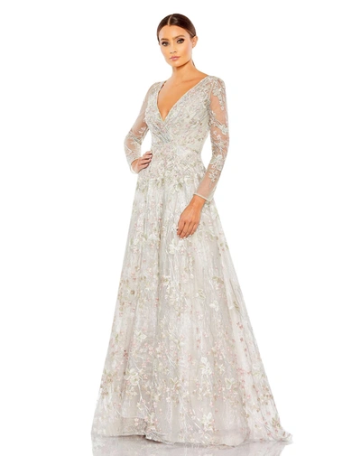 Shop Mac Duggal Embellished Wrap Over Illusion Long Sleeve A Line Gown In Pastel Multi