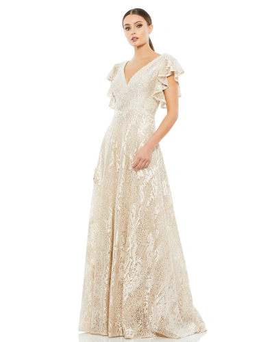 Shop Mac Duggal Embroidered Flutter Sleeve V-neck Gown In Ivory Nude