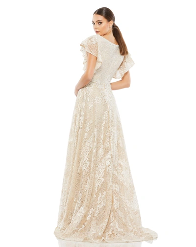 Shop Mac Duggal Embroidered Flutter Sleeve V-neck Gown In Ivory Nude
