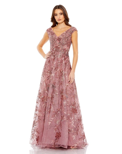 Shop Mac Duggal Embroidered Illusion Cap Sleeve A Line Gown In Cinnamon