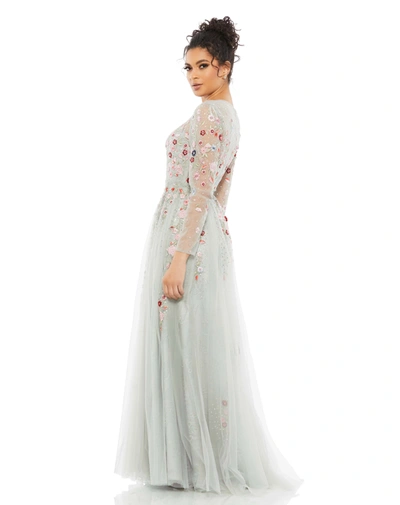 Mac Duggal Embroidered Illusion High Neck Long Sleeve A Line Gown In Platinum Multi