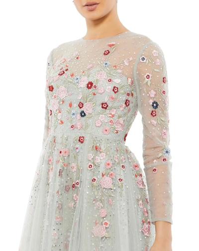 Mac Duggal Embroidered Illusion High Neck Long Sleeve A Line Gown In Platinum Multi