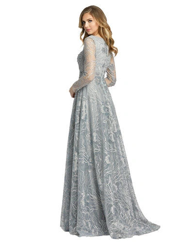 Mac Duggal Jewel Encrusted Long Sleeve Square Neck Gown In Dove Grey
