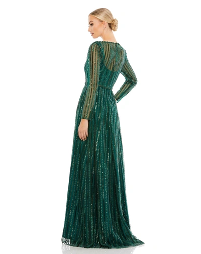 Shop Mac Duggal Plunging Striped Sequin Long Sleeve Gown In Emerald