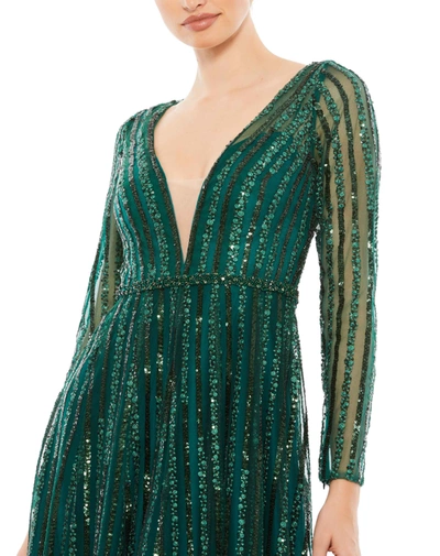Shop Mac Duggal Plunging Striped Sequin Long Sleeve Gown In Emerald