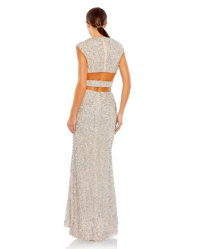 Shop Mac Duggal Sequined Cap Sleeve Plunge Neck Cut Out Gown In Nude Silver