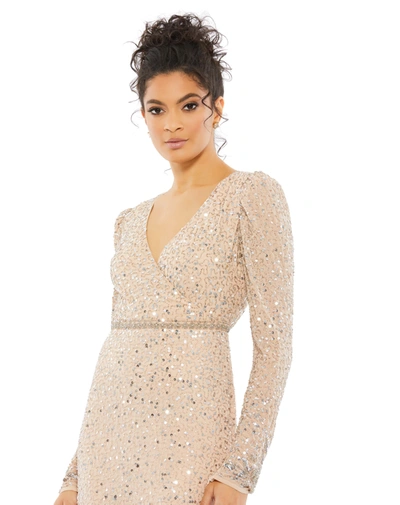 Shop Mac Duggal Sequined Floral Embellished Long Sleeve Gown In Nude Silver