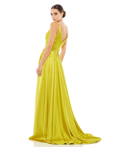 Mac Duggal Wrap Front Pleated Satin Gown In Chartreuse