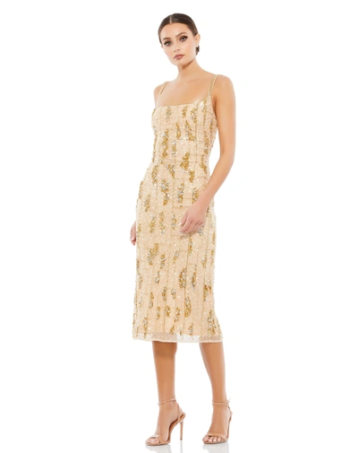 Shop Mac Duggal Beaded Spaghetti Strap Midi Slip Dress In Nude Gold