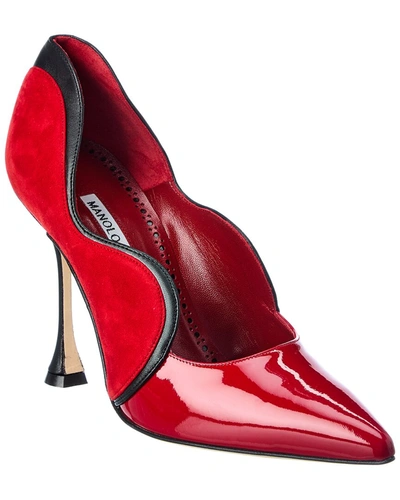 Shop Manolo Blahnik Hamaki 105 Patent & Suede Pump In Red