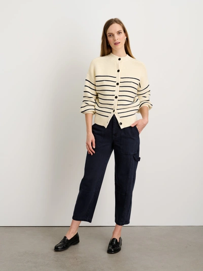 Shop Alex Mill Button-back Crewneck Sweater In Stripe In Ivory/dark Navy
