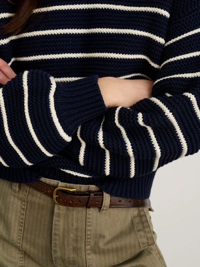 Shop Alex Mill Button-back Crewneck Sweater In Stripe In Dark Navy/ivory