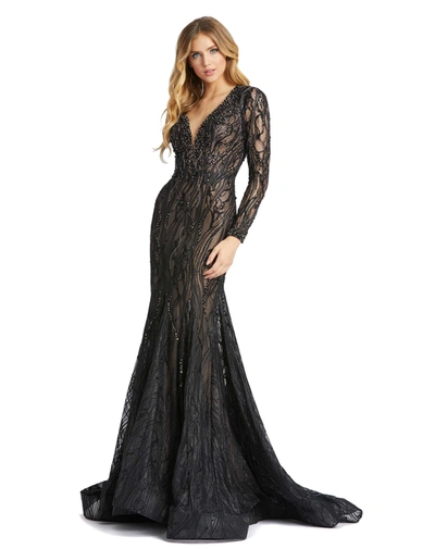 Shop Mac Duggal Beaded Illusion Long Sleeve Plunge Neck Gown In Black Nude