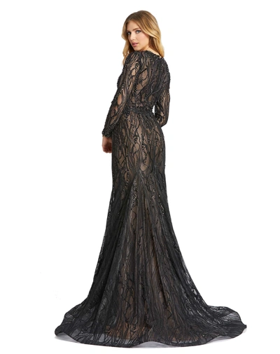 Shop Mac Duggal Beaded Illusion Long Sleeve Plunge Neck Gown In Black Nude