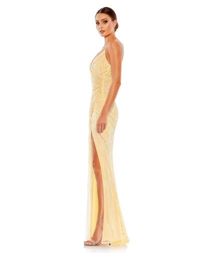 Shop Mac Duggal Beaded Sleeveless Faux Wrap Gown In Buttercream