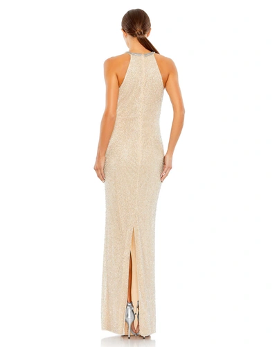 Shop Mac Duggal Beaded Sleeveless High Neck Column Gown In Nude Silver