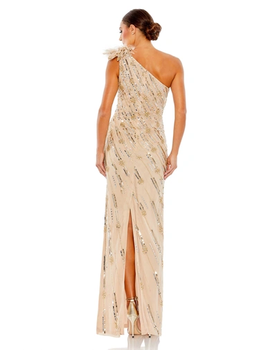 Mac Duggal Rosette Sequin Crystal One-shoulder Gown In Nude Gold