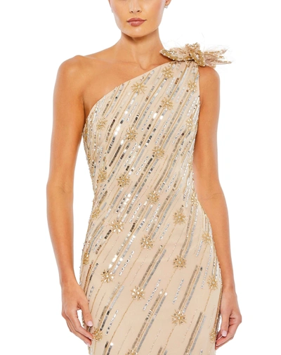 Mac Duggal Rosette Sequin Crystal One-shoulder Gown In Nude Gold