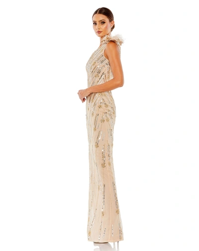 Mac Duggal Rosette Sequin Crystal One-shoulder Gown In Nude Gold