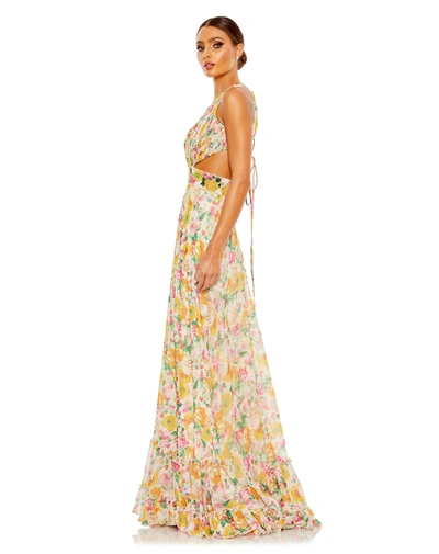 Mac Duggal Floral Print Cut Out Lace Up Tiered Gown In Nude Multi
