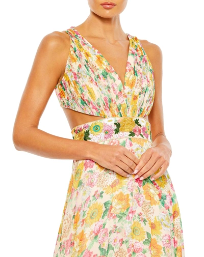 Mac Duggal Floral Print Cut Out Lace Up Tiered Gown In Nude Multi