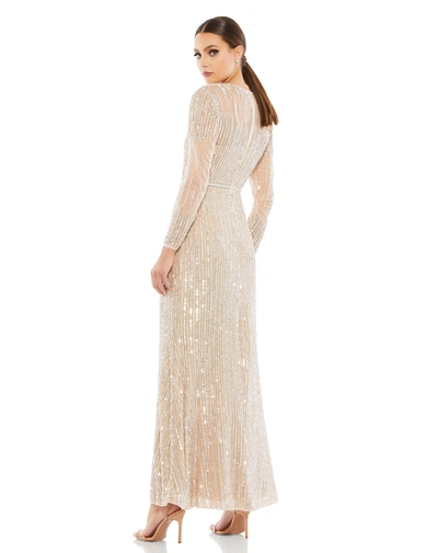 Shop Mac Duggal Sequined Illusion High Neck Long Sleeve Trumpet Gown - Final Sale In Rose Gold