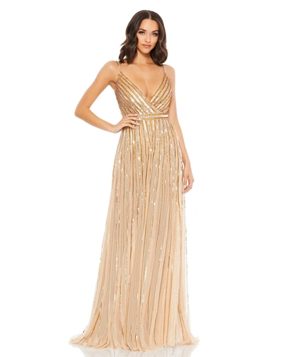 Shop Mac Duggal Sequined Wrap Over Sleeveless Gown In Nude Gold