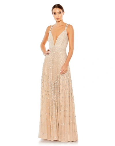 Shop Mac Duggal Sleeveless Plunge Neck Strappy Gown In Nude Silver