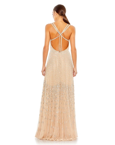 Shop Mac Duggal Sleeveless Plunge Neck Strappy Gown In Nude Silver