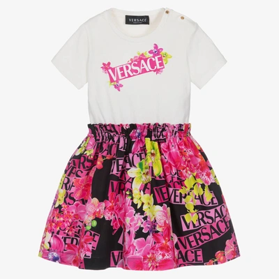 Shop Versace Girls Ivory & Pink Logo Dress