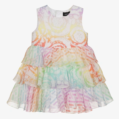 Shop Versace Baby Girls Rainbow Silk Dress In White