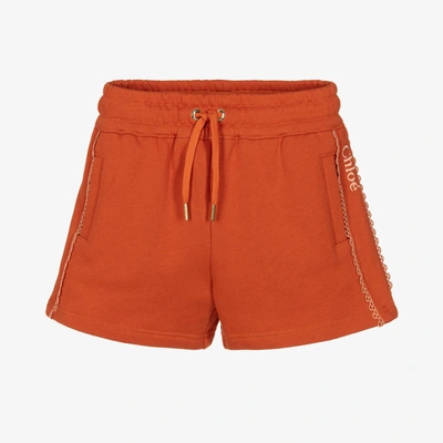 Shop Chloé Girls Burnt Orange Cotton Logo Shorts