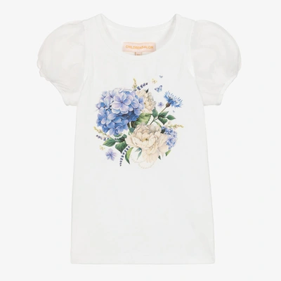 Shop Childrensalon Occasions Girls White & Blue Floral Cotton T-shirt