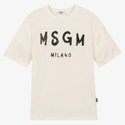 Shop Msgm Teen Ivory Brushed Logo T-shirt