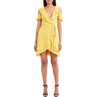 Shop Bcbgmaxazria Womens Tiered Faux Wrap Mini Dress In Yellow