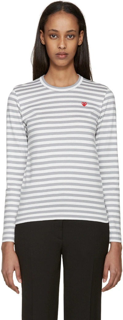COMME DES GARCONS PLAY WHITE AND GREY STRIPED HEART PATCH T-SHIRT