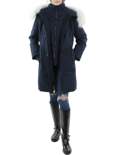 1 Madison Womens Fox Fur Warm Parka Coat In Blue