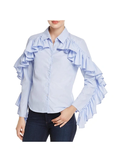 Shop Alpha And Omega Womens Striped Ruffled Button-down Top In Blue