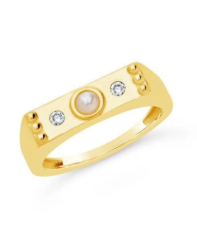 Sterling Forever Sterling Silver Pearl & Cz Bar Ring In Silver