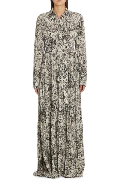 Shop Golden Goose Botanical Print Pleated Crepe Shirtdress In Bone White/ Black