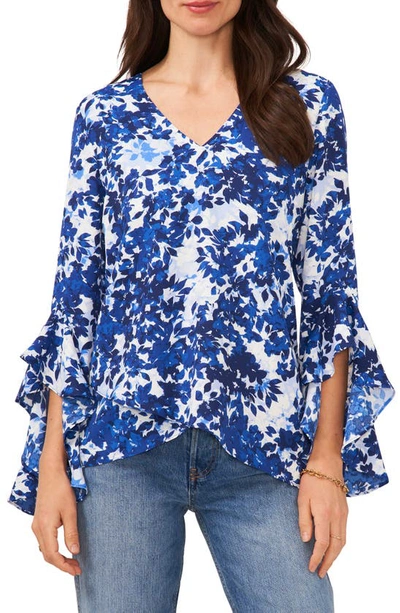Pantalon Ample Fendu Vintage Bleu Imprimés Fleurs Roses - KURI Taille S/M