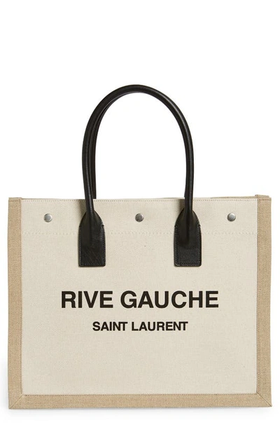 Shop Saint Laurent Small Rive Gauche Logo Canvas Tote In Greggio/ Natural