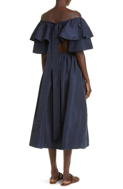 Shop Adam Lippes Ruffle Off The Shoulder Silk Faille Crop Top In Navy