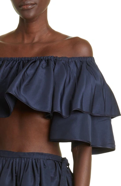 Shop Adam Lippes Ruffle Off The Shoulder Silk Faille Crop Top In Navy