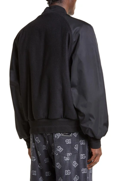 Shop Dolce & Gabbana Logo Nylon Sleeve Wool Blend Varsity Jacket In Black