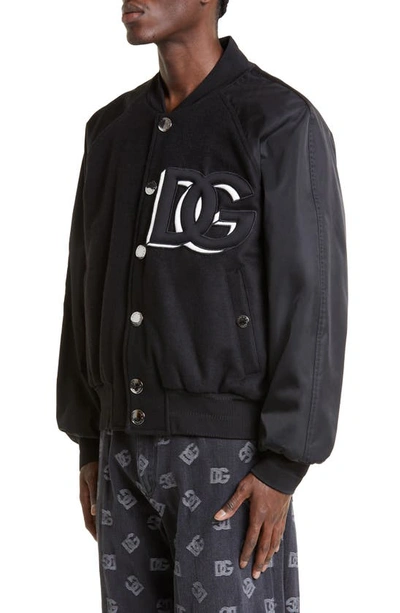 Shop Dolce & Gabbana Logo Nylon Sleeve Wool Blend Varsity Jacket In Black